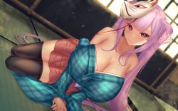 Rule 34 | 1girl, absurdly long hair, bare shoulders, black thighhighs, blush, breasts, cleavage, collarbone, dutch angle, fox mask, hata no kokoro, highres, huge breasts, indoors, light smile, long hair, long sleeves, looking at viewer, mask, mask on head, off shoulder, pink eyes, pink hair, pink skirt, plaid, plaid shirt, shirt, shounen (hogehoge), sidelocks, skirt, sliding doors, solo, tatami, thighhighs, thighs, touhou, very long hair, zettai ryouiki