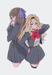 Rule 34 | 2girls, :/, back-to-back, black hairband, black thighhighs, blonde hair, bow, bowtie, brown hair, closed mouth, collared shirt, commentary, cowboy shot, cropped legs, grey background, grey jacket, grey skirt, hair between eyes, hair bow, hair lift, hair ornament, hairband, half updo, hand on own chin, hand on own hip, hand up, jacket, light smile, long hair, long sleeves, looking ahead, looking at viewer, looking down, miniskirt, multiple girls, open clothes, open jacket, pleated skirt, profile, purple bow, purple eyes, red bow, red bowtie, red eyes, saijou claudine, school uniform, seishou music academy uniform, shirt, shirt tucked in, shoujo kageki revue starlight, sidelocks, simple background, skirt, standing, tendou maya, thighhighs, v-shaped eyebrows, wavy hair, white shirt, x hair ornament, xx kgym