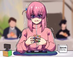 Rule 34 | 1girl, 2boys, blue eyes, blurry, bocchi the rock!, character name, competition, cube hair ornament, depth of field, gotoh hitori, hair ornament, highres, hinghoi, jacket, long hair, multiple boys, nervous, one side up, pink hair, pink jacket, rubik&#039;s cube, shaded face, sweat, tearing up, track jacket, trembling, wavy mouth