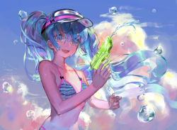 Rule 34 | 1girl, :d, bikini, bikini top only, blue eyes, blue hair, blue nails, breasts, cleavage, cloud, day, fang, floating hair, hair between eyes, hatsune miku, highres, holding, holding water gun, long hair, nail polish, ogimotozukin, open mouth, outdoors, skin fang, small breasts, smile, solo, standing, striped bikini, striped clothes, swimsuit, twintails, upper body, very long hair, visor cap, vocaloid, water gun