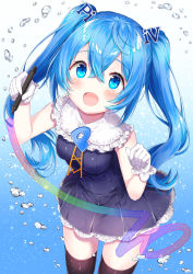 Rule 34 | 1girl, :d, black thighhighs, blue background, blue eyes, blue hair, blush, chitetan, collar, commentary request, drawing, dress, frilled collar, frills, from above, gloves, gradient background, hair between eyes, holding, holding stylus, long hair, looking at viewer, looking up, open mouth, original, pixiv, pixiv-tan, purple dress, smile, solo, star (symbol), stylus, thighhighs, twintails, very long hair, water drop, white background, white collar, white gloves