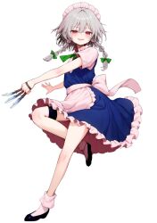 1girl apron black_shoes blue_dress braid dress frills full_body hair_between_eyes holding holding_knife izayoi_sakuya knife legs looking_at_viewer maid maid_apron maid_headdress medium_hair mikan_(manmarumikan) multiple_knives open_mouth red_eyes shoes short_sleeves smile socks solo teeth thigh_strap touhou twin_braids upper_teeth_only white_background white_hair white_sleeves white_socks