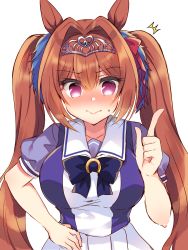 Rule 34 | 1girl, @ @, ^^^, animal ears, blouse, blue bow, blue shirt, blush, bow, breasts, brown hair, closed mouth, daiwa scarlet (umamusume), hair between eyes, hair intakes, hand on own hip, hand up, highres, horse ears, index finger raised, large breasts, long hair, looking at viewer, nose blush, pleated skirt, puffy short sleeves, puffy sleeves, purple shirt, red eyes, school uniform, shirt, short sleeves, simple background, skirt, solo, suzunone rena, tiara, tracen school uniform, trembling, twintails, umamusume, v-shaped eyebrows, very long hair, white background, white skirt