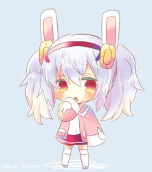 Rule 34 | 1girl, :o, animal ears, animal print, azur lane, blue background, blush, camisole, chibi, full body, grey footwear, hair between eyes, hair ornament, hair ribbon, hairband, jacket, kou hiyoyo, laffey (azur lane), long hair, long sleeves, open clothes, open jacket, open mouth, pink jacket, pleated skirt, rabbit ears, rabbit print, red eyes, red hairband, red skirt, ribbon, silver hair, skirt, sleeves past fingers, sleeves past wrists, solo, standing, thighhighs, twintails, twitter username, white camisole, white thighhighs