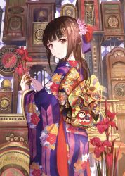 Rule 34 | 1girl, :o, absurdres, blunt bangs, bow, brown eyes, brown hair, clock, floral print, flower, furisode, fuzichoco, grandfather clock, hair bow, hair flower, hair ornament, highres, japanese clothes, kimono, long hair, looking at viewer, matching hair/eyes, obi, open mouth, original, pocket watch, sash, scan, solo, vase, watch, wide sleeves