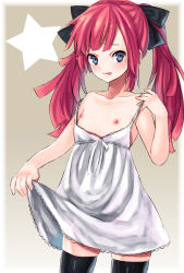 Rule 34 | 1boy, :q, bad id, bad pixiv id, blue eyes, bow, collarbone, dress, flat chest, hair bow, long hair, looking at viewer, male focus, midorikawa you, nipples, original, red hair, solo, strap slip, thighhighs, tongue, tongue out, trap, twintails, zettai ryouiki