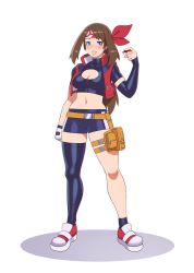 Rule 34 | 1girl, absurdres, alternate costume, asymmetrical gloves, asymmetrical legwear, bike shorts, black thighhighs, blue eyes, blush, breasts, brown hair, cleavage, cleavage cutout, clothing cutout, creatures (company), cropped jacket, earrings, game freak, gloves, grin, headband, highres, holding, holding poke ball, jewelry, lips, lipstick, long hair, looking at viewer, makeup, may (pokemon), midriff, navel, nintendo, poke ball, poke ball (basic), pokemon, pokemon rse, pouch, redesign, riz, shoes, simple background, single thighhigh, smile, sneakers, solo, stud earrings, thighhighs, uneven gloves, uneven legwear, white background
