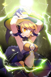 Rule 34 | 1girl, armpits, arms up, bare shoulders, blonde hair, breasts, bustier, electricity, frilled skirt, frills, gilse, hat, lightning, lowres, midriff, navel, open mouth, parfunte, skirt, solo, sword girls, wings, witch hat, yellow eyes