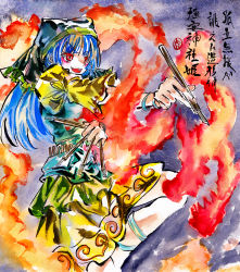 Rule 34 | 1girl, :d, apron, between fingers, blue hair, calligraphy, commentary request, dragon, dress, evil smile, fire, fire, green apron, green headwear, haniyasushin keiki, head scarf, highres, holding, kabaji, knee up, long hair, open mouth, outstretched arm, painting (medium), pliers, puffy sleeves, red eyes, shikishi, smile, solo, tools, touhou, traditional media, v-shaped eyebrows, watercolor (medium), yellow dress