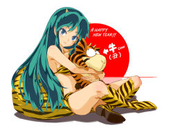 Rule 34 | 1boy, 1girl, animal print, bikini, bilingual, blue eyes, boots, commentary request, cone horns, cushion, eyeshadow, full body, green hair, happoubi jin, happy new year, horns, hug, hug from behind, knee boots, long hair, looking at viewer, lum, makeup, mixed-language text, new year, oni, rei (urusei yatsura), simple background, sitting, smile, strapless, strapless bikini, sun, swimsuit, tiger print, tiger stripes, urusei yatsura, white background