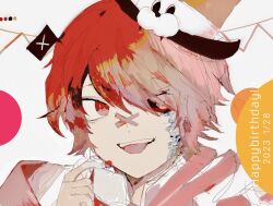 Rule 34 | 1boy, animal hat, bandaid, bandaid on face, bandaid on nose, black sclera, coat, collared coat, colored sclera, cross scar, crossed bandaids, dated, english text, fukase, hair over one eye, hand up, happy birthday, hat, highres, imisinn, looking at viewer, male focus, mismatched sclera, open mouth, pale skin, red eyes, red hair, scar, short hair, simple background, smile, solo, teeth, tongue, tongue out, top hat, upper body, upper teeth only, vocaloid
