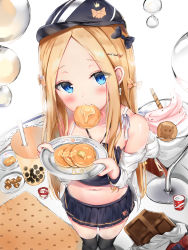 Rule 34 | 1girl, abigail williams (fate), absurdres, bachibachi (tisen), bare shoulders, black bow, black headwear, black shirt, black skirt, black thighhighs, blonde hair, blue eyes, blush, bow, bubble tea, butter, candy, chocolate, chocolate bar, collarbone, cookie, crop top, cup, dessert, drinking glass, earrings, fate/grand order, fate (series), food, from above, hair bow, hair ornament, hairclip, halterneck, highres, holding, holding plate, ice cream, jacket, jewelry, long hair, looking at viewer, midriff, milk tea, miniskirt, mouth hold, multiple hair bows, navel, off shoulder, open clothes, open jacket, pancake, parted bangs, plate, pleated skirt, shirt, sidelocks, simple background, skirt, solo, standing, stomach, thighhighs, very long hair, wafer stick, white background, white jacket, zettai ryouiki
