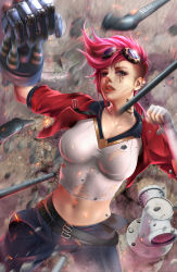 Rule 34 | 1girl, absurdres, arcane: league of legends, arcane vi, bearwitch, belt, blouse, blurry, blurry background, cowboy shot, gauntlets, goggles, goggles on head, highres, jacket, league of legends, navel, pants, parted lips, pink hair, red hair, red jacket, shiny skin, shirt, short hair, short sleeves, single gauntlet, solo, teeth, torn clothes, torn shirt, vi (league of legends), white shirt