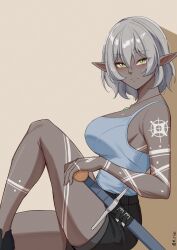 Rule 34 | 1girl, absurdres, arm tattoo, bare shoulders, black shorts, blue shirt, blush, breasts, casual, closed mouth, commentary, dark-skinned female, dark elf, dark skin, elf, english commentary, green eyes, hair between eyes, highres, jewelry, large breasts, leg tattoo, looking at viewer, mawaridi, necklace, original, pointy ears, shadow, sheath, sheathed, shirt, short hair, shorts, simple background, sleeveless, sleeveless shirt, solo, sword, tattoo, thighs, twitter username, weapon, yvonne (mawaridi)