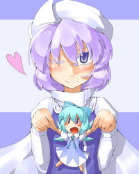 Rule 34 | 1girl, bad id, bad pixiv id, blue hair, blush, blush stickers, bow, cape, cirno, hair bow, hat, heart, highres, ice, ice wings, letty whiterock, long sleeves, mashio, one eye closed, purple eyes, purple hair, short hair, short sleeves, smile, solo, touhou, wings, wink