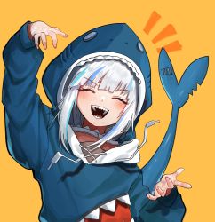 Rule 34 | 1girl, animal hood, closed eyes, eungi, fins, fish tail, gawr gura, gawr gura (1st costume), highres, hololive, hololive english, hood, open hands, open mouth, shark girl, shark hood, sharp teeth, smile, solo, tail, teeth, upper body, virtual youtuber, white hair, yellow background