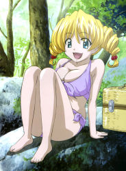Rule 34 | 1girl, :d, arm support, barefoot, basket, bikini, blonde hair, blue eyes, breasts, bursting breasts, cleavage, cropped, day, drill hair, feet, forest, front-tie bikini top, front-tie top, full body, hair bobbles, hair ornament, happy, huge breasts, isokawa nina, large breasts, looking at viewer, megami magazine, moss, nature, non-web source, ochi shinji, official art, open mouth, outdoors, picnic basket, purple bikini, rock, shadow, side-tie bikini bottom, sitting, smile, solo, swimsuit, tona-gura!, tree, twin drills, twintails