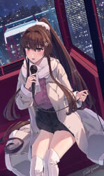 Rule 34 | 1girl, absurdres, alternate costume, black skirt, boots, breasts, brown hair, cherry blossoms, coat, flower, grey coat, hair flower, hair intakes, hair ornament, highres, himeyamato, holding, holding microphone, kantai collection, large breasts, long coat, long hair, long sleeves, microphone, miniskirt, pink scarf, ponytail, purple sweater, red eyes, scarf, sidelocks, sitting, skirt, sweater, thigh boots, very long hair, white footwear, yamato (kancolle)