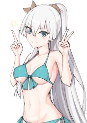 Rule 34 | 1girl, anastasia (fate), aqua bikini, bare shoulders, bikini, blue eyes, blush, breasts, cleavage, closed mouth, collarbone, double v, elfenlied22, fate (series), hair ornament, hair over one eye, hair scrunchie, halterneck, hands up, highres, long hair, looking at viewer, medium breasts, navel, ponytail, scrunchie, side-tie bikini bottom, silver hair, simple background, smile, star (symbol), swimsuit, v, white background