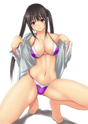 Rule 34 | 1girl, barefoot, bikini, black hair, breasts, brown eyes, cleavage, large breasts, long hair, looking at viewer, muffin (sirumeria), navel, on one knee, open clothes, open shirt, original, purple bikini, shiny skin, shirt, smile, solo, strap gap, swimsuit, twintails, white background