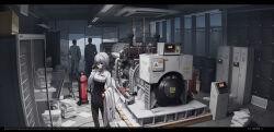 Rule 34 | 1girl, 2boys, air conditioner, animal ears, black dress, chinese commentary, coat, computer, computer tower, dress, drum (container), duplicate, engine, extra ears, fire extinguisher, formal, generator, haguruma c, highres, holding, holding phone, id card, indoors, jacket, lab coat, locker, machinery, monitor, mountainous horizon, multiple boys, office, original, palette (object), pantyhose, paper, phone, pixel-perfect duplicate, red eyes, scenery, screen, server, shirt, short hair, snow, suit, suit jacket, unworn coat, white coat, white hair, white shirt, window