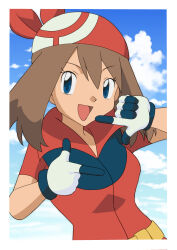 Rule 34 | 1girl, :d, bandana, blue eyes, blue sky, border, breasts, brown hair, cleavage, cloud, creatures (company), curvy, female focus, game freak, gloves, highres, looking at viewer, may (pokemon), medium breasts, nintendo, open mouth, pokemon, pokemon (anime), pokemon rse (anime), red bandana, red shirt, shirt, short sleeves, sky, smile, solo, upper body, white border, white gloves, yotsuba ichinose