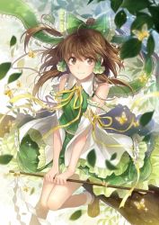 Rule 34 | 1girl, alternate color, bare shoulders, bow, bowtie, branch, breasts, brown eyes, brown footwear, brown hair, bug, butterfly, butterfly wings, collar, collared shirt, detached sleeves, flying, frills, gohei, green bow, green shirt, green skirt, hagiwara rin, hair between eyes, hair bow, hair ornament, hair tubes, hakurei reimu, insect, insect wings, leaf, long sleeves, looking to the side, medium breasts, ribbon-trimmed sleeves, ribbon trim, shirt, shoes, short hair, sitting, skirt, socks, solo, touhou, tree, white background, white socks, wide sleeves, wings, yellow bow, yellow bowtie