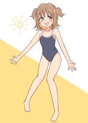 Rule 34 | + +, 1girl, :d, bare arms, bare legs, bare shoulders, barefoot, black one-piece swimsuit, blonde hair, brown hair, colored inner hair, commentary, fang, full body, green eyes, hair intakes, highres, looking at viewer, multicolored hair, oka asahi, one-piece swimsuit, onii-chan wa oshimai!, open mouth, school swimsuit, short hair, simple background, skin fang, smile, solo, swimsuit, two-tone background, two-tone hair, two side up, v-shaped eyebrows, white background, wow 357, yellow background