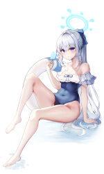 Rule 34 | 1girl, absurdres, bare legs, bare shoulders, barefoot, blue archive, blue one-piece swimsuit, blush, collarbone, commentary request, covered navel, food, full body, halo, highres, holding, holding food, holding popsicle, innertube, knee up, legs, long hair, looking at viewer, miyako (blue archive), miyako (swimsuit) (blue archive), off shoulder, one-piece swimsuit, ponytail, popsicle, purple eyes, simple background, sitting, sob (submar1089), swim ring, swimsuit, thighs, toes, very long hair, white background, white hair