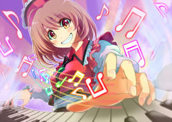 Rule 34 | 1girl, :d, beamed quavers, hat, instrument, kakao rantan, keyboard (instrument), looking at viewer, lyrica prismriver, music, musical note, open mouth, orange eyes, playing instrument, puffy sleeves, quaver, smile, solo, staff (music), touhou