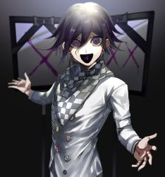 Rule 34 | 1boy, :d, bad id, bad twitter id, black hair, checkered clothes, checkered scarf, commentary request, danganronpa (series), danganronpa v3: killing harmony, grey jacket, hair between eyes, highres, iei, jacket, light, long sleeves, looking at viewer, male focus, open mouth, oma kokichi, purple eyes, purple hair, revision, scarf, short hair, smile, solo, spoilers, straitjacket, suzumetarou, translation request, upper body