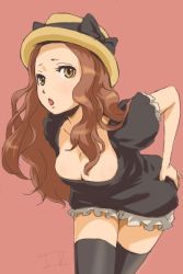 Rule 34 | 1girl, black dress, black thighhighs, bow, breasts, brown eyes, brown hair, cleavage, dress, face, hand on own hip, hat, hat bow, hip focus, leaning forward, long hair, open mouth, original, porkpie hat, puffy sleeves, short dress, signature, simple background, solo, thighhighs, toshi punk, wavy hair, zettai ryouiki