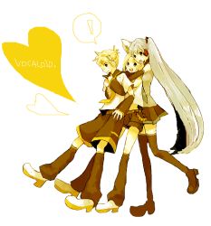 Rule 34 | 1boy, bad id, bad pixiv id, blonde hair, brother and sister, full body, hairband, hatsune miku, iko (i-my-16), kagamine len, kagamine rin, long hair, looking at viewer, short hair, shorts, siblings, skirt, sleeveless, smile, twins, twintails, very long hair, vocaloid