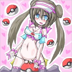 Rule 34 | 10s, 1girl, alternate color, bare shoulders, black thighhighs, blue eyes, blush, breasts, brown hair, cameltoe, cleavage, collarbone, covered erect nipples, creatures (company), detached sleeves, double bun, game freak, hair bun, heart, hip focus, long hair, looking at viewer, lowres, midriff, navel, nintendo, oekaki, open mouth, poke ball, pokemon, pokemon bw2, pussy, ribbon, rosa (pokemon), shiny skin, sketch, smile, solo, strapless, thighhighs, thighs, thong, tube top, twintails, uncensored, visor cap