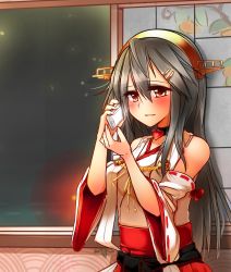 Rule 34 | 10s, 1girl, :d, absurdres, bad id, bad nicoseiga id, cellphone, choker, detached sleeves, grey hair, hair ornament, hairband, hairclip, haruna (kancolle), highres, holding, jewelry, kantai collection, long hair, nontraditional miko, open mouth, orange eyes, phone, ring, sketch, smartphone, smile, solo, tsukui kachou, wedding band