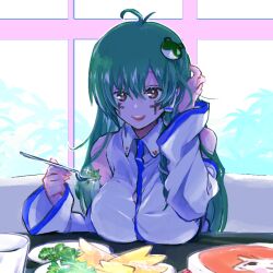 Rule 34 | 1girl, 90 sik, ahoge, blush, breast rest, breasts, breasts on table, brown eyes, collared shirt, commentary, cookie (touhou), cross, detached sleeves, facepaint, food, fork, frog hair ornament, green hair, hair between eyes, hair ornament, hair tubes, hand in own hair, holding, holding fork, kochiya sanae, large breasts, long bangs, long hair, looking at viewer, name connection, object namesake, open mouth, parsley, paseri (cookie), shirt, single hair tube, single sidelock, sleeveless, sleeveless shirt, smile, snake hair ornament, solo, teeth, touhou, upper body, upper teeth only, white shirt, white sleeves, window