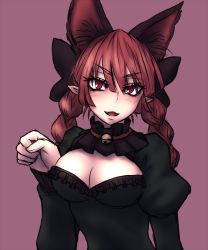Rule 34 | 1girl, animal ears, bell, blush, braid, cat ears, cleavage cutout, clothing cutout, extra ears, fang, hair ornament, hair ribbon, kaenbyou rin, long hair, long sleeves, looking at viewer, miata (miata8674), open mouth, pointy ears, puffy sleeves, purple background, red eyes, red hair, ribbon, smile, solo, touhou, twin braids, upper body