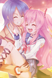 Rule 34 | 1boy, 1girl, :d, ^ ^, angel beats!, black choker, blue hair, blue sailor collar, blue skirt, blush, carrying, choker, closed eyes, commentary request, couple, cross-laced footwear, crying, dress shirt, eyelashes, grin, hair between eyes, hand up, happy, happy tears, hetero, highres, hinata hideki, jacket, knees together feet apart, kujou ichiso, light particles, long hair, long sleeves, miniskirt, neckerchief, open mouth, partial commentary, pink background, pink hair, pleated skirt, princess carry, red neckerchief, sailor collar, shinda sekai sensen uniform, shirt, short hair, sidelocks, simple background, skirt, smile, tears, teeth, thigh strap, thighs, two side up, upper teeth only, very long hair, white shirt, yellow jacket, yui (angel beats!)