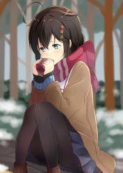 Rule 34 | 10s, 1girl, ahoge, bad id, bad twitter id, black hair, black pantyhose, blue eyes, blush, box, coat, commentary request, covering own mouth, day, gift, gift box, hair between eyes, hair flaps, hair ornament, holding, kantai collection, knees up, long sleeves, outdoors, pantyhose, pleated skirt, scarf, shigure (kancolle), shigure kai ni (kancolle), sitting, skirt, solo, valentine, yukichi (eikichi)
