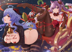 Rule 34 | 2girls, ahoge, antlers, artist request, ass, bare shoulders, black pantyhose, blue hair, blush, boots, braid, breasts, butt crack, christmas, cleavage, clothes pull, come hither, cone hair bun, cowbell, elbow gloves, embarrassed, english text, ganyu (genshin impact), genshin impact, gloves, hair bun, hair ribbon, highres, horns, keqing (genshin impact), large breasts, leaning, leaning forward, leotard, long hair, looking at viewer, multiple girls, naughty face, open mouth, pantyhose, pasties, purple eyes, purple hair, ribbon, santa costume, shiny clothes, shiny skin, sleigh, smile, twintails, very long hair, wavy mouth