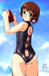 Rule 34 | 1girl, aqua eyes, ass, ass cutout, back, back cutout, blush, brown hair, butt crack, character name, clothing cutout, cloud, copyright name, covered erect nipples, cowboy shot, day, earrings, flat chest, from behind, glasses, green eyes, head tilt, holding, jewelry, light smile, looking at viewer, looking back, one-piece swimsuit, outdoors, rimless eyewear, shiny clothes, shiritsu souyou, short hair, skin tight, sky, smile, solo, sorachi nao, standing, swimsuit, thighs, turtleneck, zundarepon