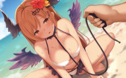 Rule 34 | 1girl, bare shoulders, barefoot, beach, bikini, blonde hair, blue sky, blush, breasts, cameltoe, cleavage, cloud, collar, commentary request, covered erect nipples, dark angel olivia, day, feathered wings, flower, granblue fantasy, hair between eyes, hair flower, hair ornament, hibiscus, horns, large breasts, leash, long hair, looking at viewer, ocean, olivia (summer) (granblue fantasy), open mouth, outdoors, red eyes, sky, solo focus, spiked collar, spikes, squatting, suzuame yatsumi, sweat, swimsuit, very long hair, water, wings
