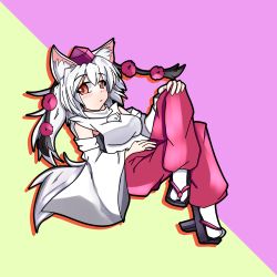Rule 34 | 1girl, alternate hairstyle, animal ears, bare shoulders, blush, breasts, detached sleeves, geta, hat, inubashiri momiji, large breasts, crossed legs, long hair, looking at viewer, mashiki, open mouth, pom pom (clothes), ponytail, red eyes, silver hair, solo, tail, tokin hat, touhou, wolf ears, wolf tail