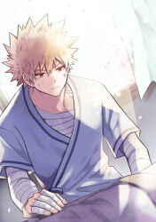 Rule 34 | 2boys, bakugou katsuki, bandaged arm, bandaged chest, bandaged fingers, bandages, blonde hair, blurry, blurry foreground, boku no hero academia, cherry blossoms, closed mouth, falling petals, gauze, hair between eyes, hand rest, highres, hospital gown, indoors, leaning forward, light, looking at another, male focus, midoriya izuku, multiple boys, open window, out of frame, petals, red eyes, short sleeves, single horizontal stripe, sitting, slouching, solo focus, spiked hair, spoilers, sunlight, twitter username, ume (326310), window