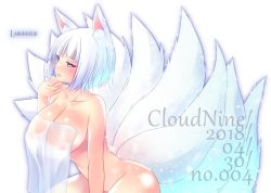 Rule 34 | 1girl, animal ears, artist name, azur lane, blue eyes, blush, breasts, cleavage, collarbone, covering privates, dated, english text, fox ears, fox tail, jpeg artifacts, kaga (azur lane), komo da, large breasts, looking at viewer, multiple tails, naked towel, nude cover, parted lips, short hair, simple background, solo, tail, towel, white background, white hair