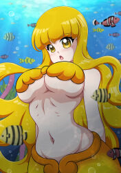 Rule 34 | 1girl, blonde hair, breasts, cleavage, coco (mermaid melody pichi pichi pitch), large breasts, mermaid, mermaid melody pichi pichi pitch, monster girl, solo, underboob, wah-ngt, yellow eyes, yellow tail