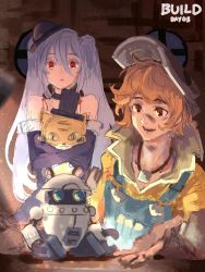 Rule 34 | 1boy, 1girl, :d, absurdres, cat, character request, closed mouth, commentary, dirty, dirty face, english commentary, granblue fantasy, hat, highres, jewelry, long hair, necklace, open mouth, orange hair, orchis, purple hair, red eyes, robot, runemill, sketch, smile, top hat, twintails, welding mask