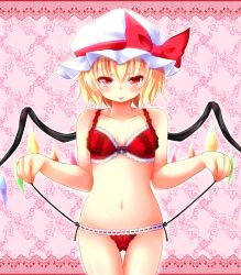 Rule 34 | 1girl, :p, blonde hair, bra, breasts, female focus, flandre scarlet, hat, highres, lingerie, navel, panties, red eyes, rena (riries), small breasts, solo, embodiment of scarlet devil, thigh gap, tongue, tongue out, touhou, underwear, underwear only, wings