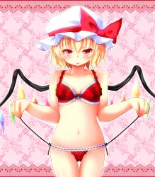 1girl :p blonde_hair bra breasts embodiment_of_scarlet_devil female_focus flandre_scarlet hat highres lingerie navel panties red_eyes renati_(renatium) small_breasts solo thigh_gap tongue tongue_out touhou underwear underwear_only wings