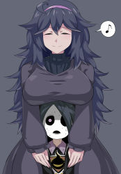 Rule 34 | 1boy, 1girl, ahoge, allister (pokemon), alternate breast size, black dress, black hair, breast rest, breasts, breasts on head, bright pupils, closed eyes, commentary, creatures (company), dress, game freak, gym leader, hairband, hex maniac (pokemon), highres, large breasts, long dress, mask, messy hair, musical note, nervous, nervous sweating, nintendo, one eye covered, pale skin, pokemon, pokemon swsh, pokemon xy, purple hair, purple hairband, shimure (460), smile, speech bubble, spoken musical note, sweat, take it home